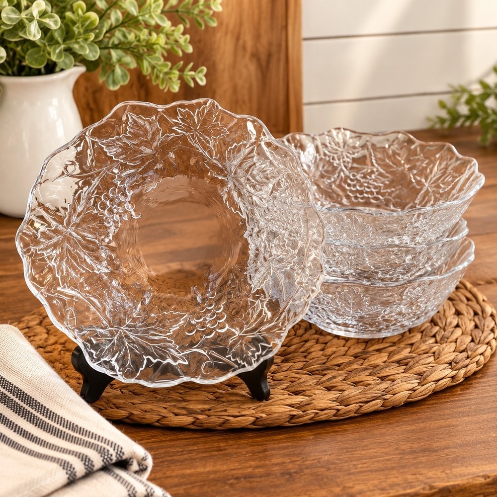 Cristal D'Arques Mallory Clear Glass Cereal Bowls Grapes & Leaves Farmhouse VTG
